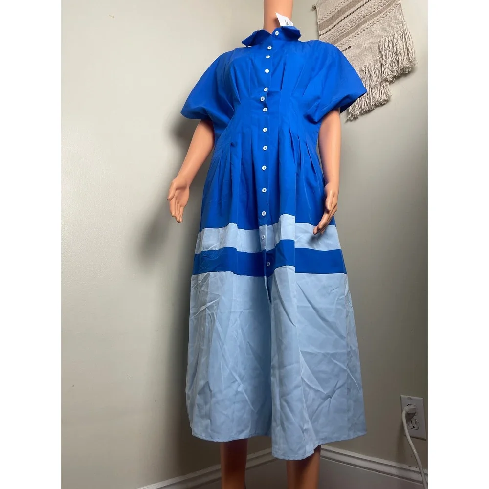 Women Blue White Button Down‎ Shirt Summer Dress Smocked Waist Cotton Medium